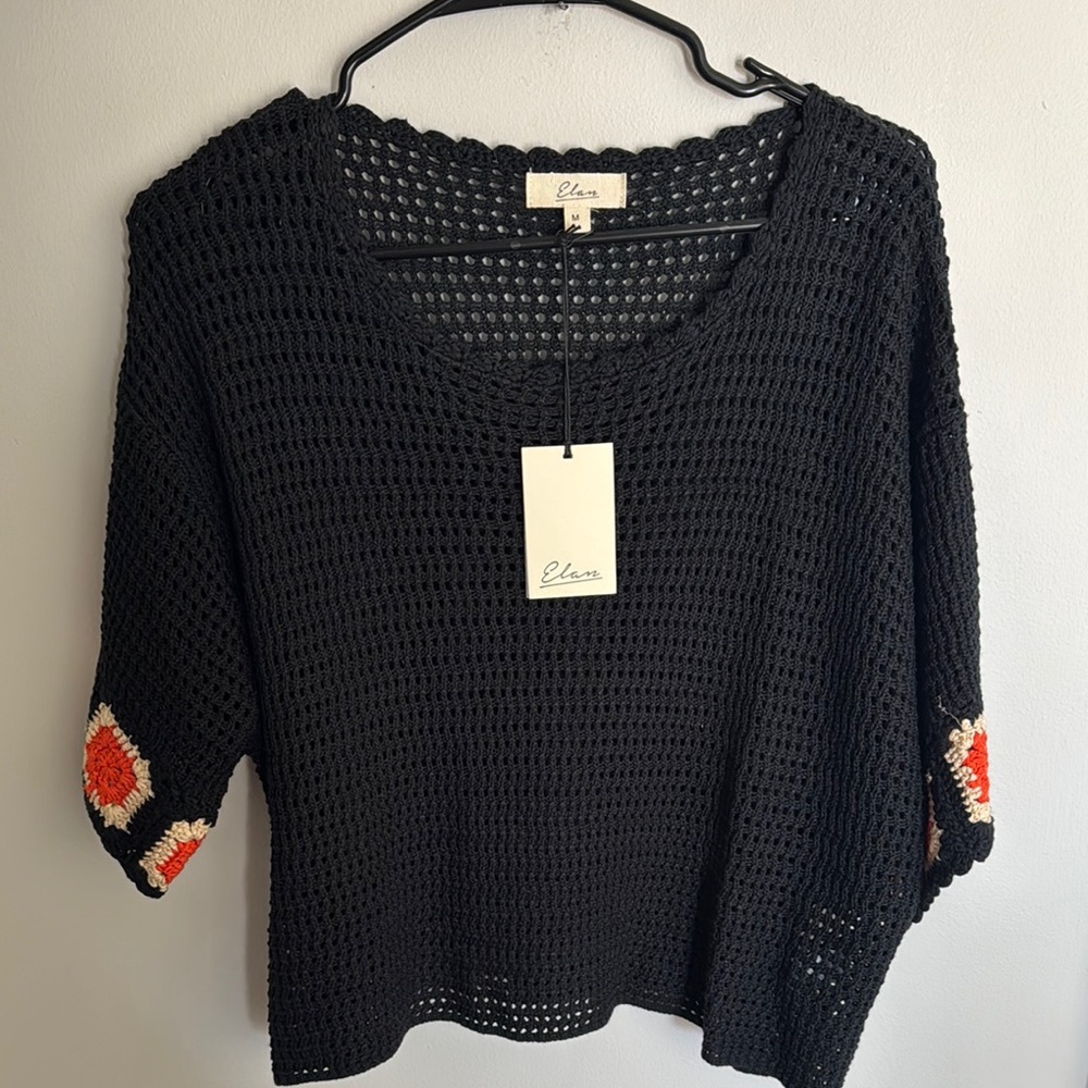 Elan Black Crochet Sweater with Orange Accents